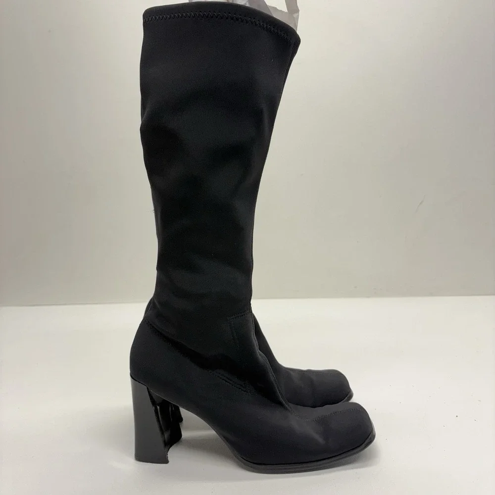 Wesley & Co Vintage 90s Y2K Black Sock Boots Knee High Square Toe Chunky Heel 6 - Picture 3 of 12